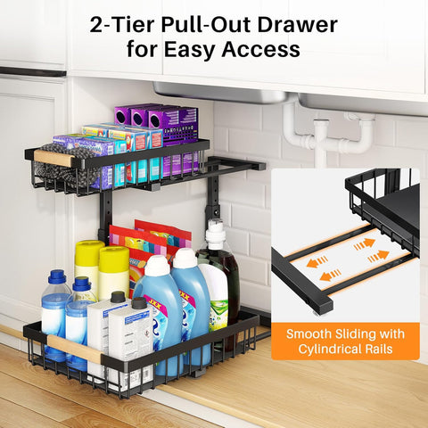 PXRACK large-capacity under-sink basket holds bottles and cleaners with room to spare.