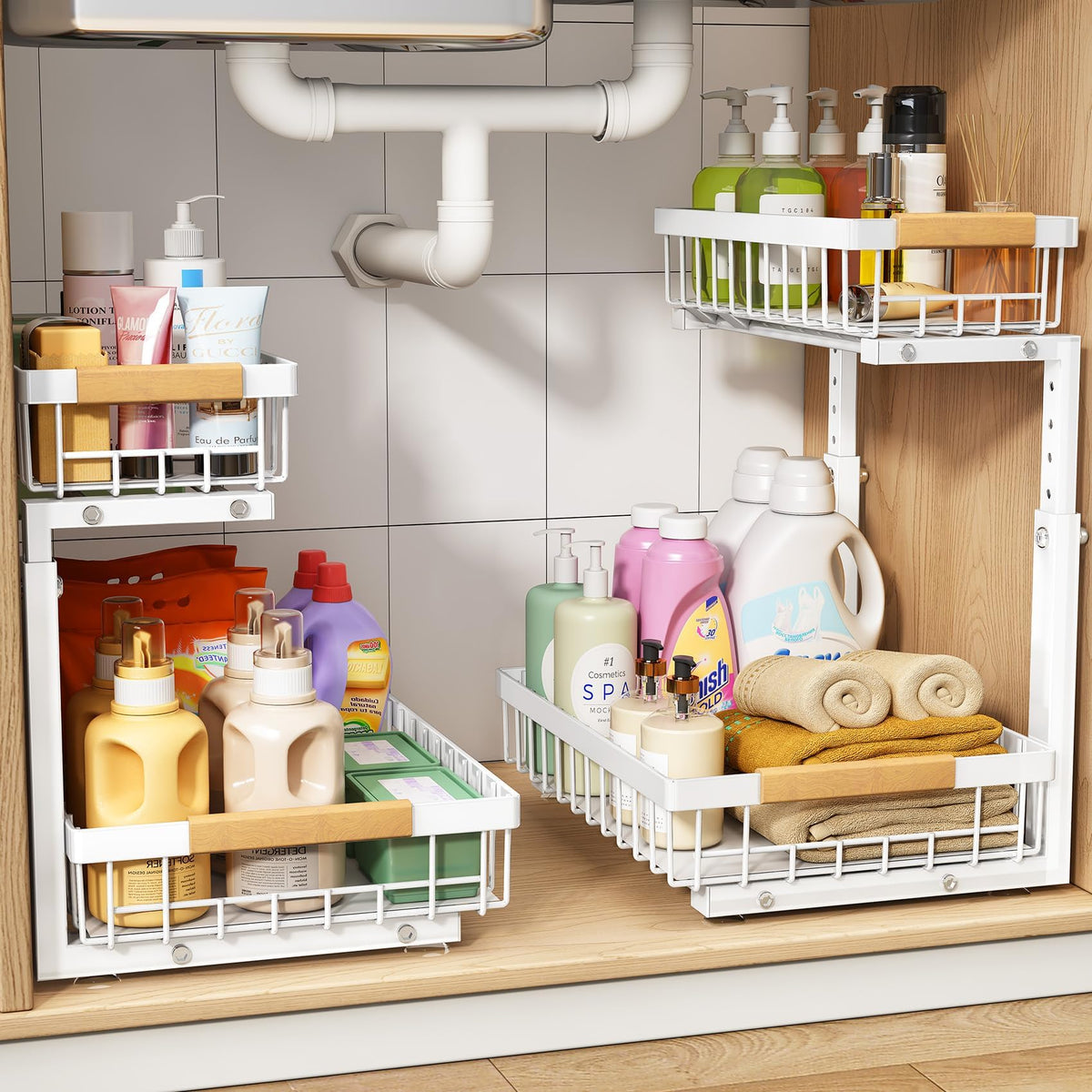 PXRACK under-sink organizer in two-pack saves cabinet space.