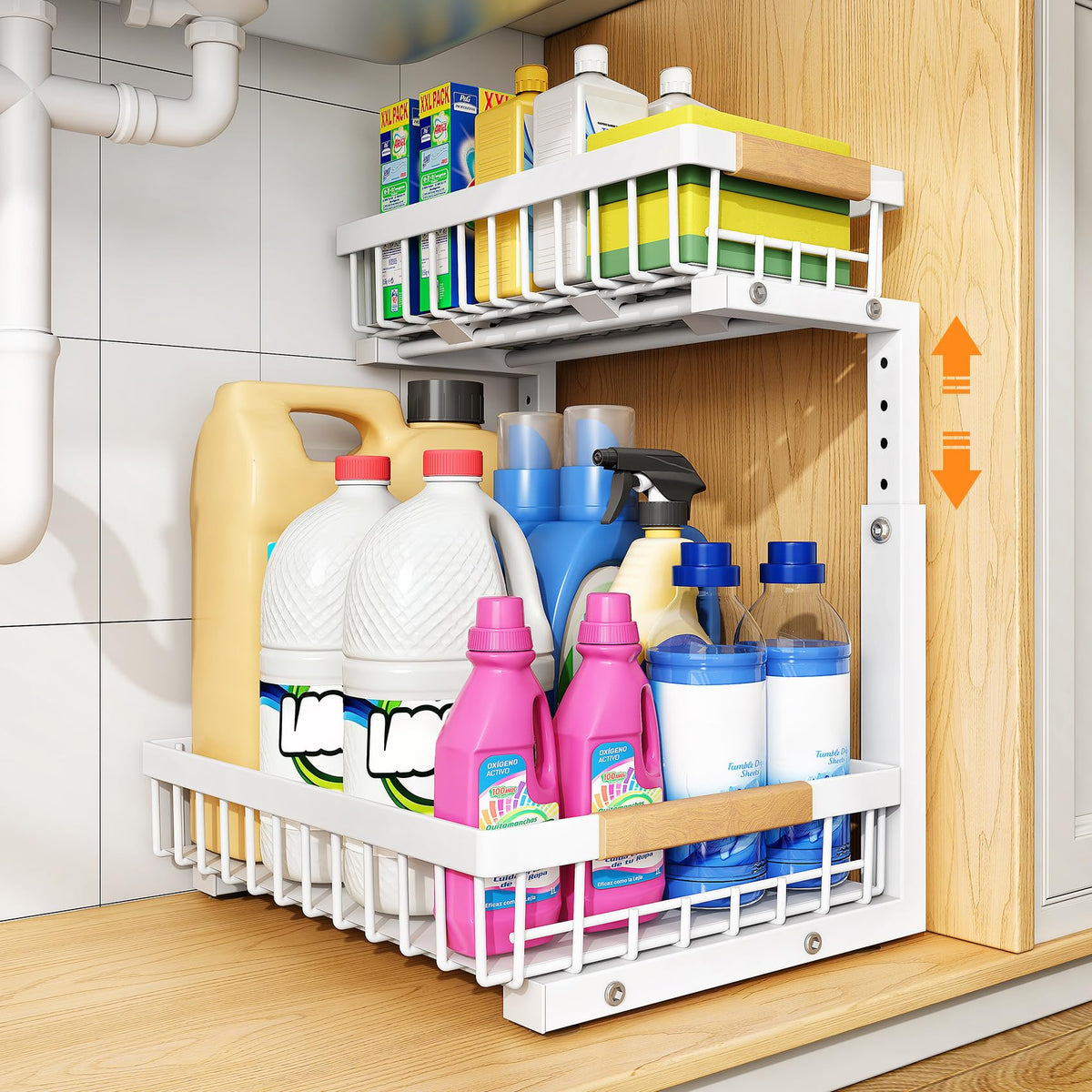 PXRACK under-sink organizer with 2-tier pull-out for easy cabinet access.