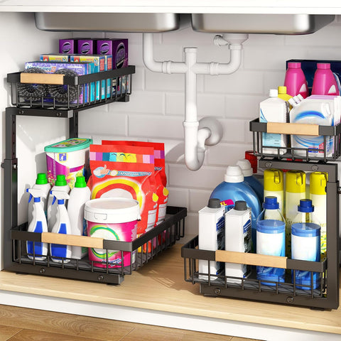 PXRACK under-sink organizer with 2-tier pull-out keeps cabinets organized and accessible.