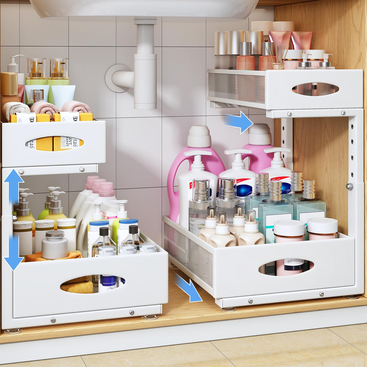 PXRACK under-sink organizer with two-tier pullout for organized kitchen storage.