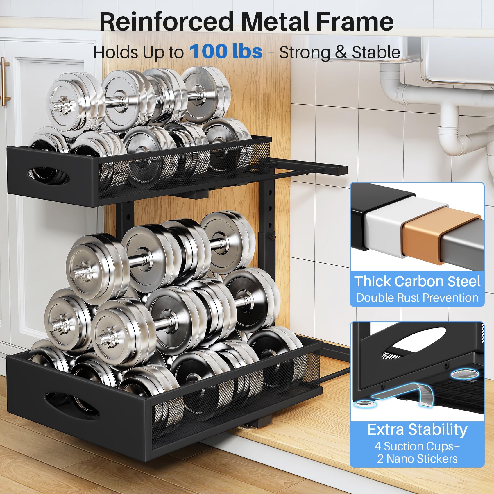PXRACK 3-inch edge secures tall bottles in place.