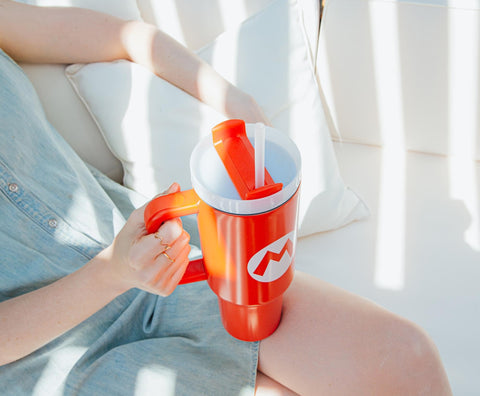 Pyramid America Mario icon travel tumbler held during a commute.