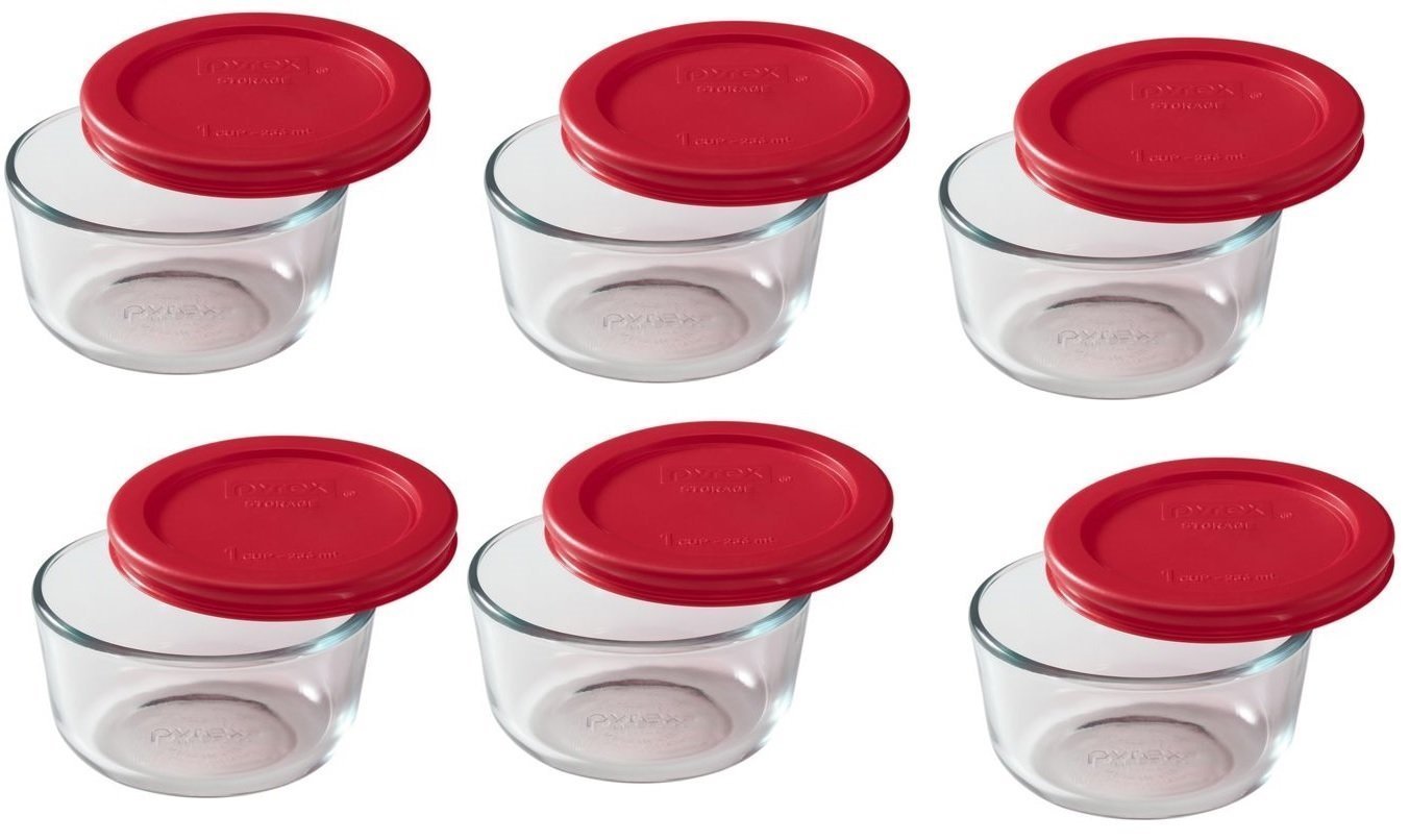 Pyrex 1-cup round storage dish with red lid keeps leftovers fresh in fridge or on the go.