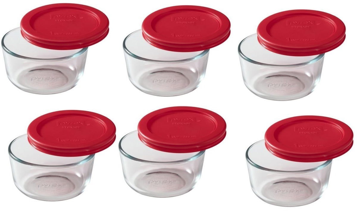 Pyrex 1-cup round storage dish with red lid keeps leftovers fresh in fridge or on the go.