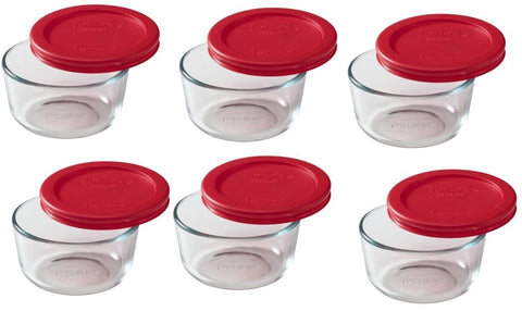 Pyrex 1-cup round storage dish with red lid keeps leftovers fresh in fridge or on the go.