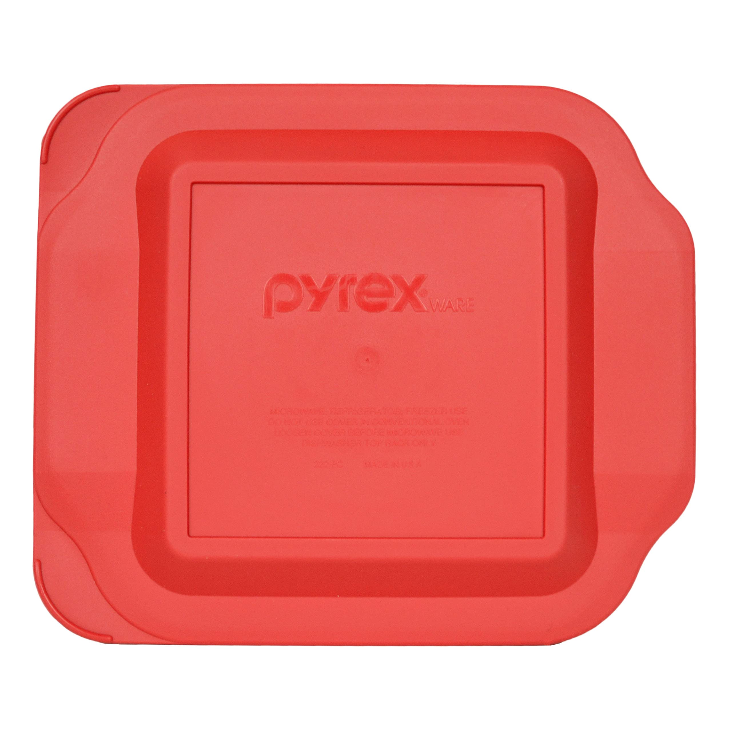 Pyrex 222-PC red 2qt lid shown from back, safe for fridge and microwave use