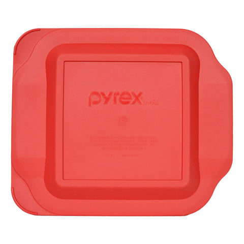 Pyrex 222-PC red 2qt lid shown from back, safe for fridge and microwave use