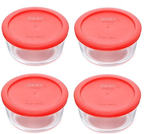 Pyrex 4-cup clear glass bowls with red lids for safe mixing, prepping, and storing foods.