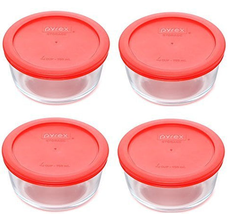 Pyrex 4-cup clear glass bowls with red lids for safe mixing, prepping, and storing foods.