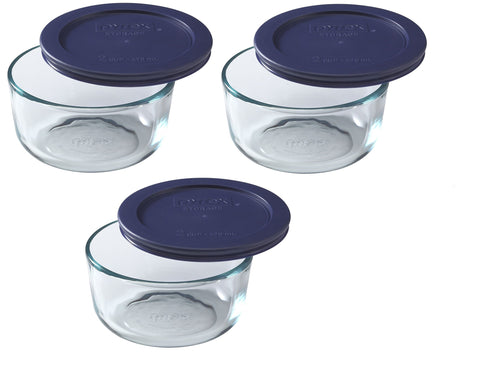 Pyrex 7200 dark blue lids shown with bowls for secure, stackable storage.