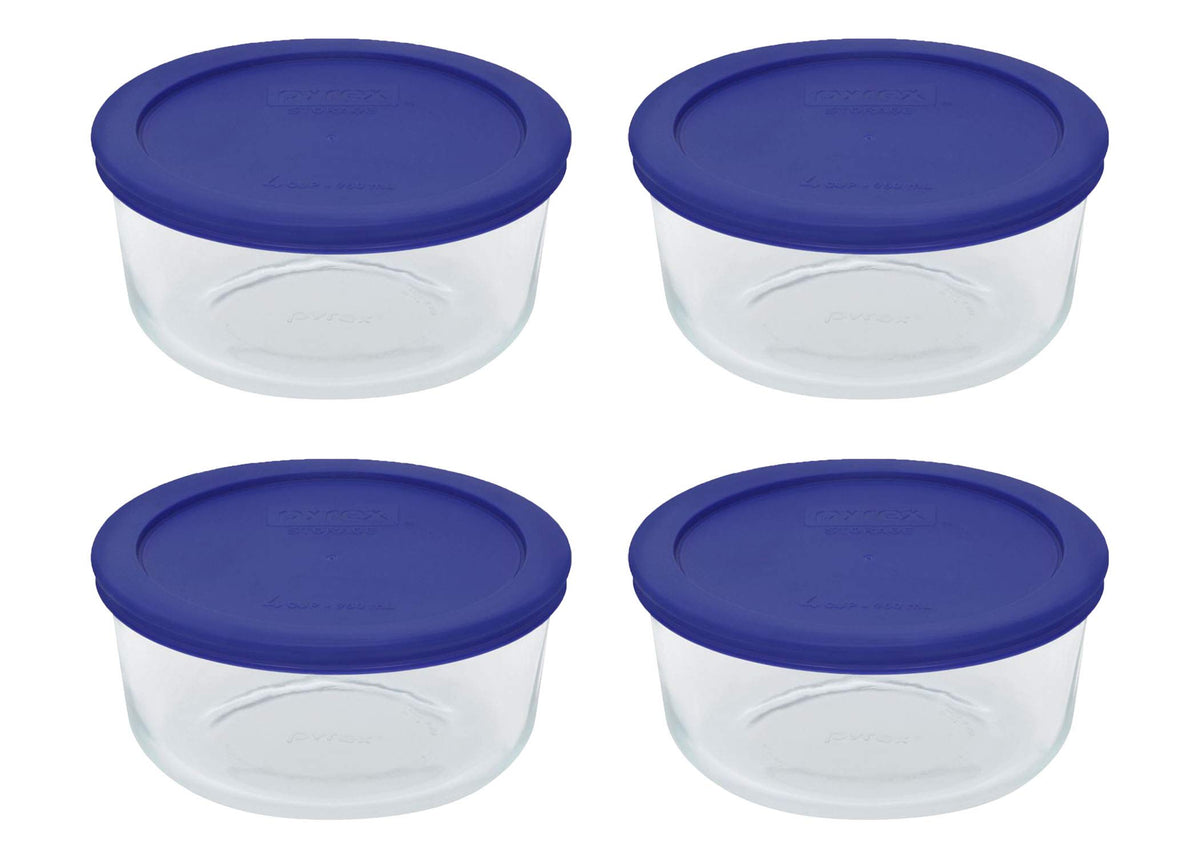 Pyrex 7201 glass bowls with cadet blue lids for BPA-free fridge storage