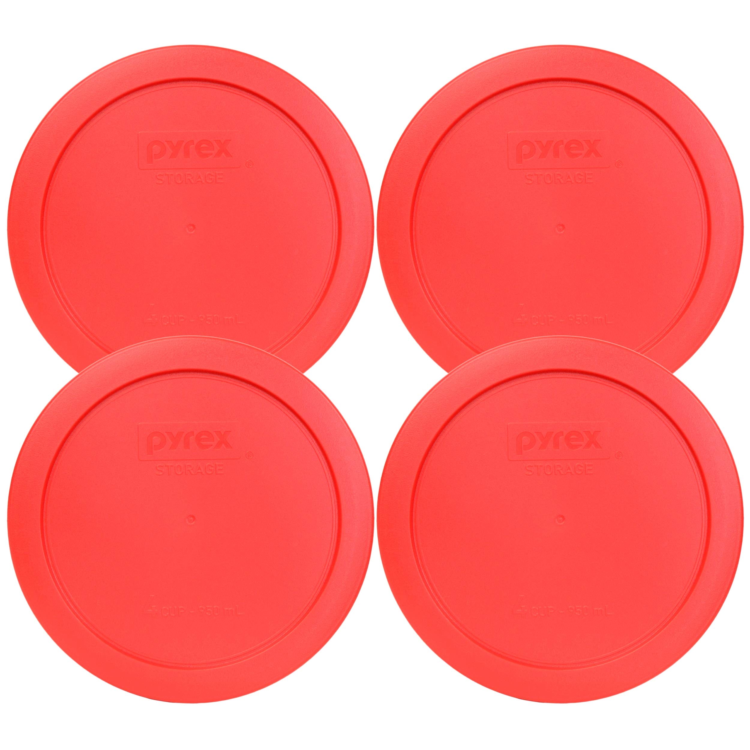 Pyrex 7201-PC red lids set secures four-cup bowls for fresh leftovers.