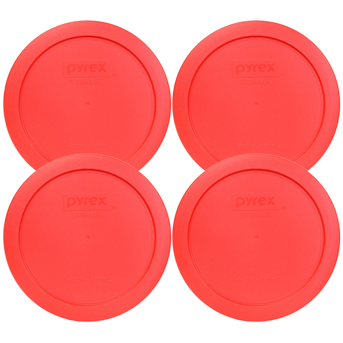 Pyrex 7201-PC red lids set secures four-cup bowls for fresh leftovers.