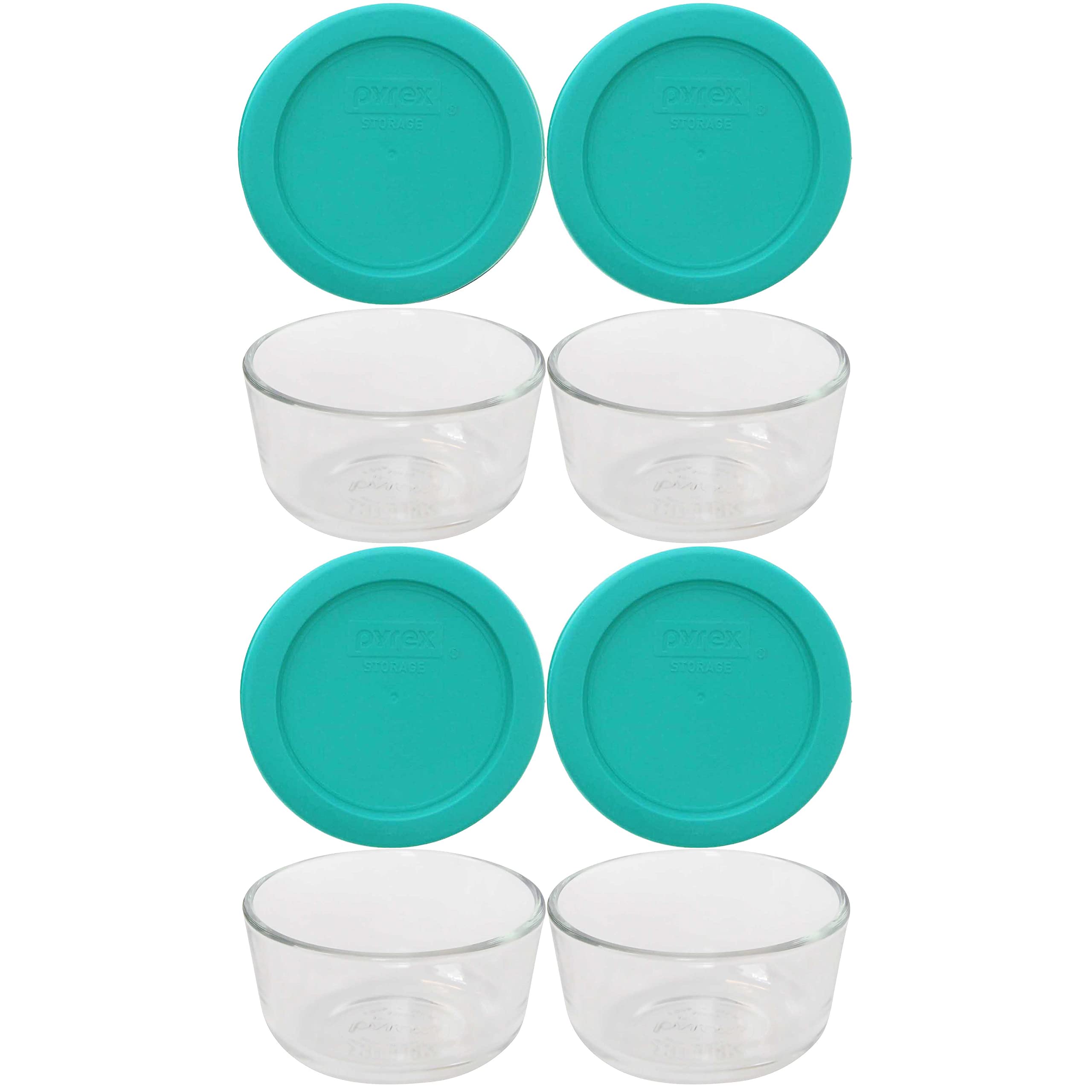 Pyrex 7202 glass bowls with turquoise lids for practical portioning.