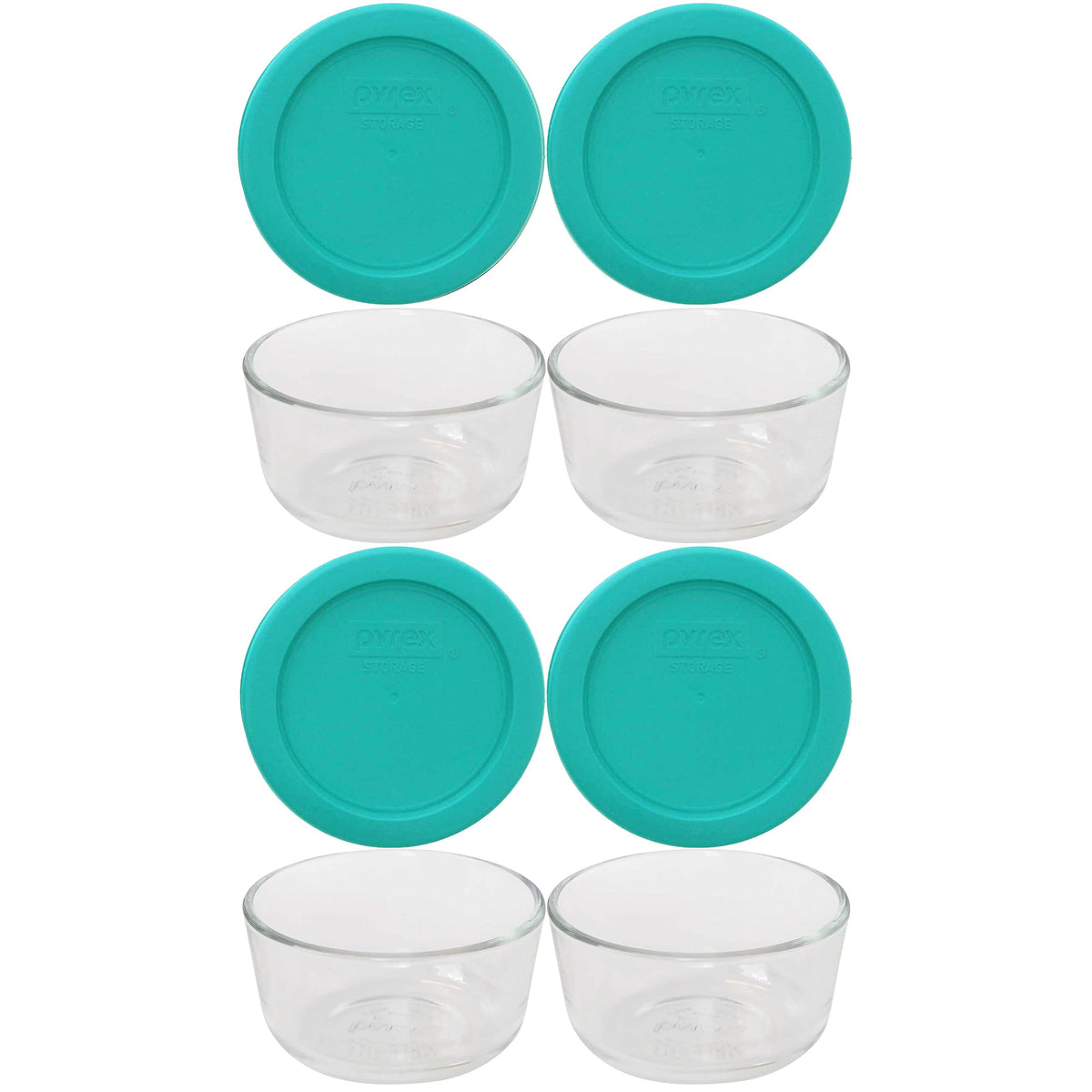 Pyrex 7202 glass bowls with turquoise lids for practical portioning.