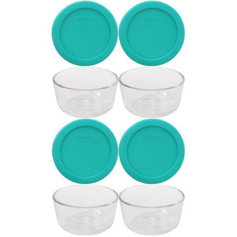 Pyrex 7202 glass bowls with turquoise lids for practical portioning.