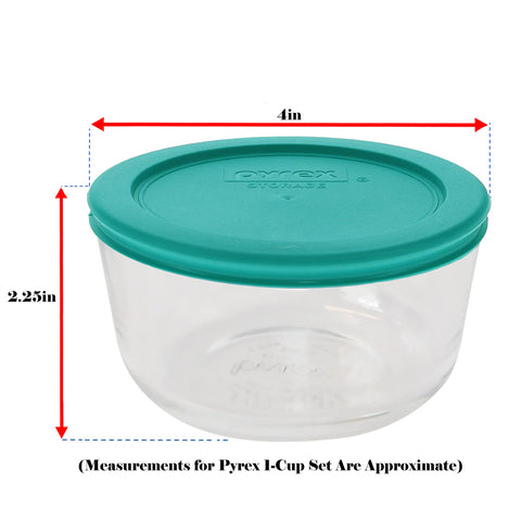 Pyrex 7202-1cup glass bowls and turquoise lids ideal for prep and storage.