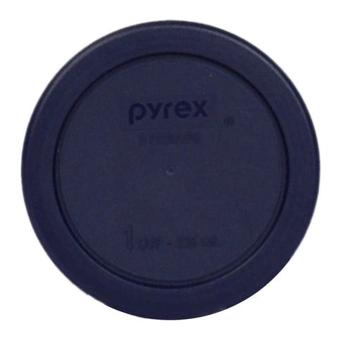 Pyrex 7202-PC lid top view in dark blue, dishwasher-safe for easy storage.