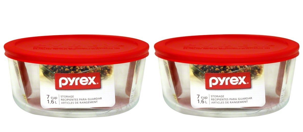 Pyrex 7-cup glass bowl with red lid for versatile storage and reheating.