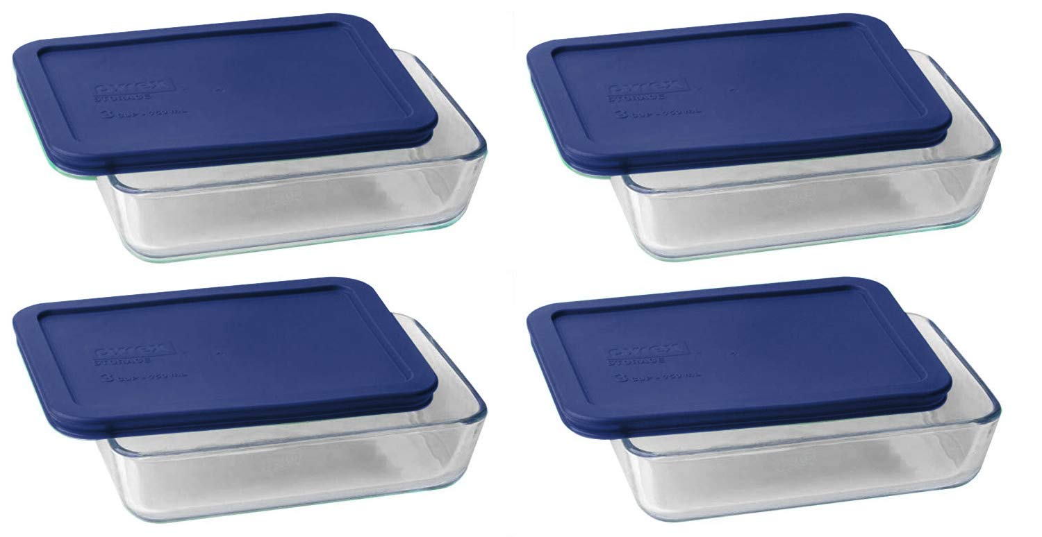 Pyrex 7210 3‑cup glass dish with dark blue lid for fridge storage and microwave reheating