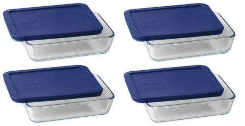 Pyrex 7210 3‑cup glass dish with dark blue lid for fridge storage and microwave reheating
