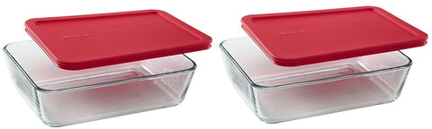 Pyrex 7211 glass dish with red lid for leftovers and versatile storage.