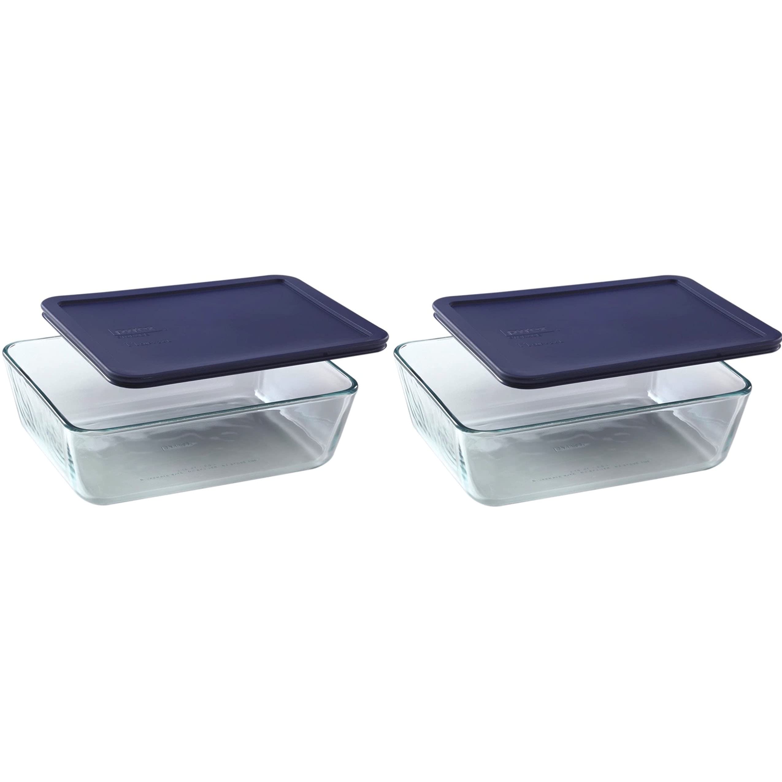 Pyrex 7212 glass dish with dark blue lid, front view, ideal for meal prep
