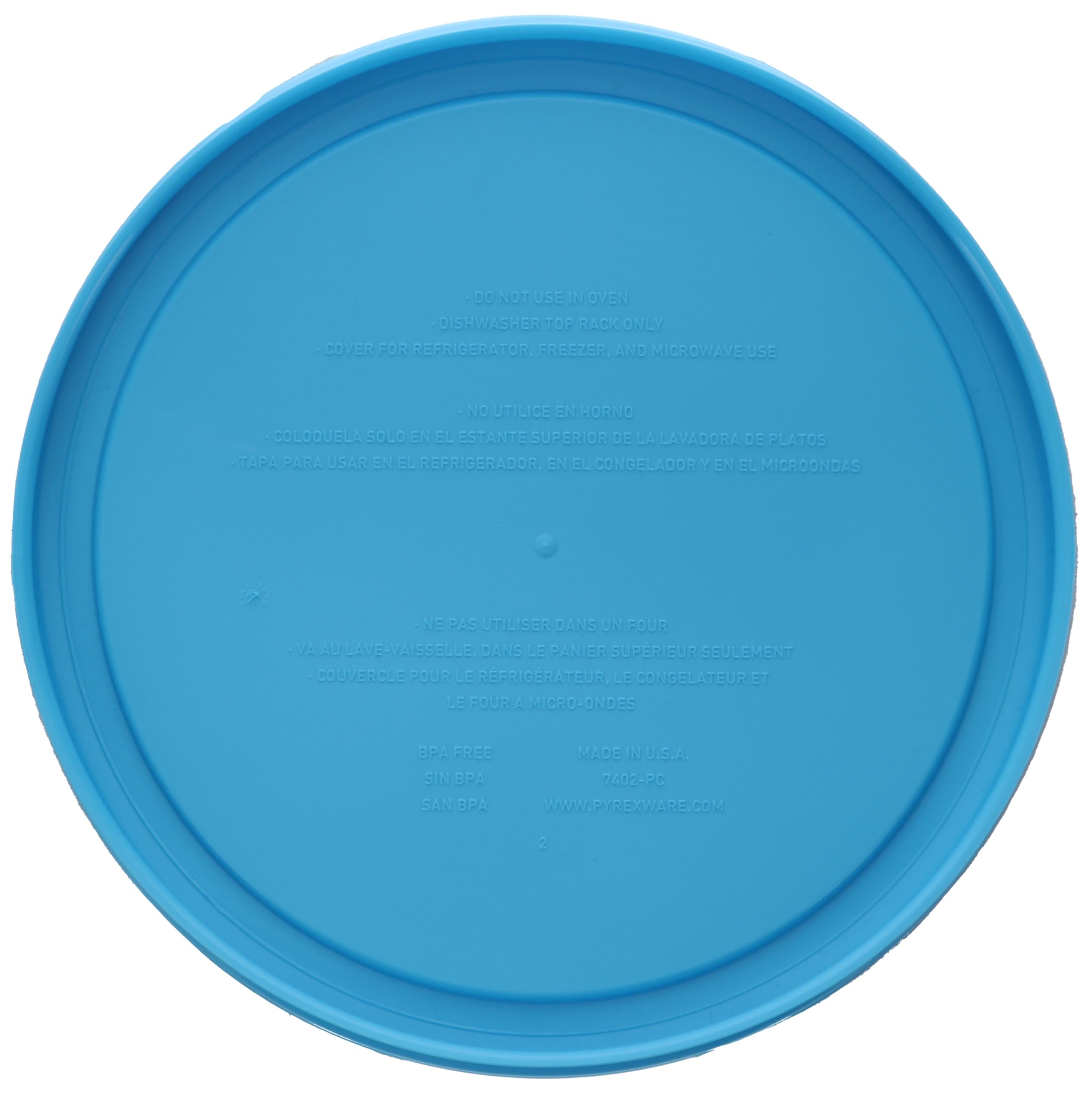 Pyrex 7402-PC lid in top rack dishwasher for easy cleanup.