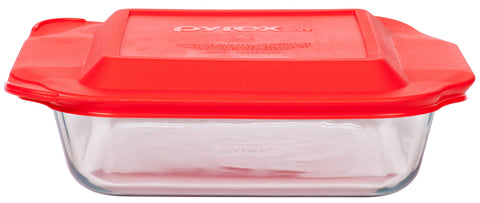 Pyrex Basics 8-square with red cover, top-rack dishwasher-safe for easy cleanup.