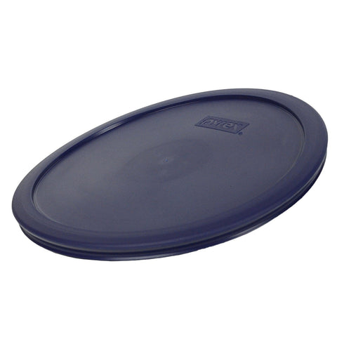 Pyrex blue lid on round sculpted dish microwave-safe and top-rack dishwasher safe.