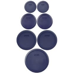 Pyrex dark blue plastic lids for secure, spill-resistant fridge storage.