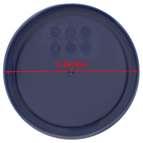 Dark blue Pyrex round lid close-up showing durable, reusable kitchen lid.