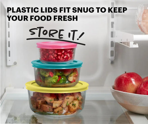 Pyrex 10-piece food storage set with stackable lids for easy organization and reuse
