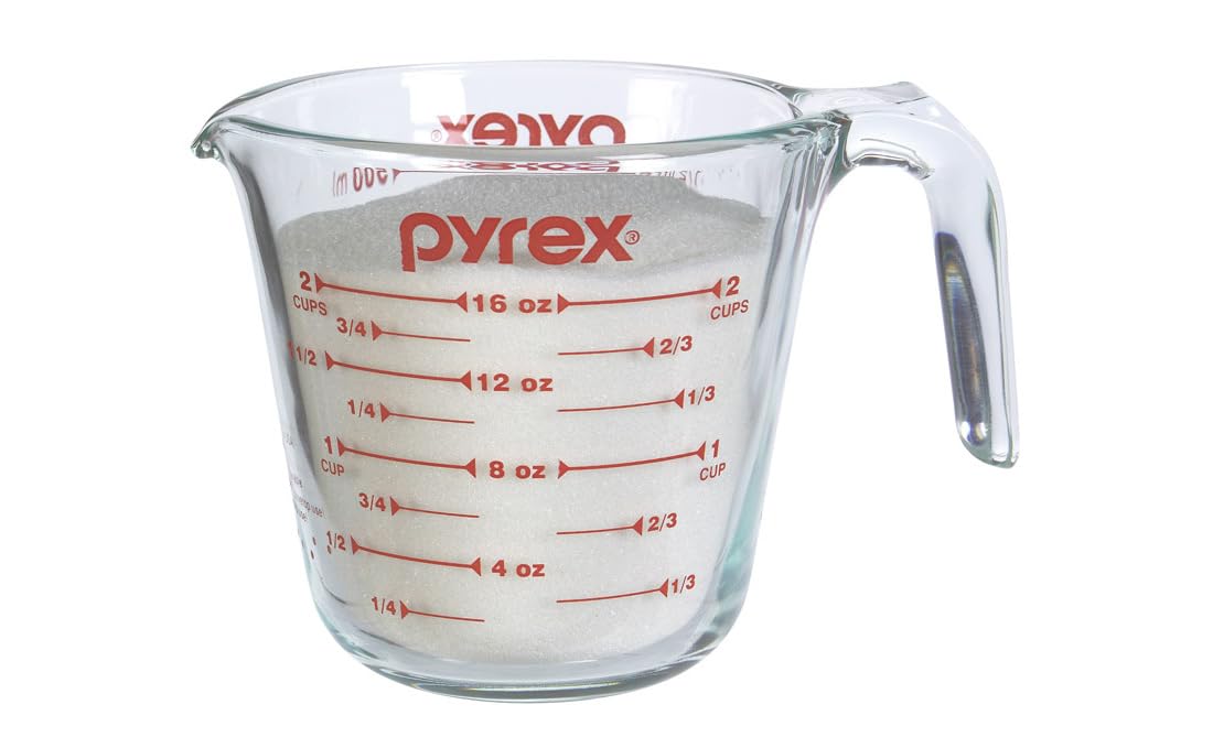 Pyrex Prepware clear glass showing measurement labels for quick reading.