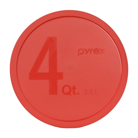 Pyrex red 4-quart bowl lid on a mixing bowl, microwave safe and BPA-free.