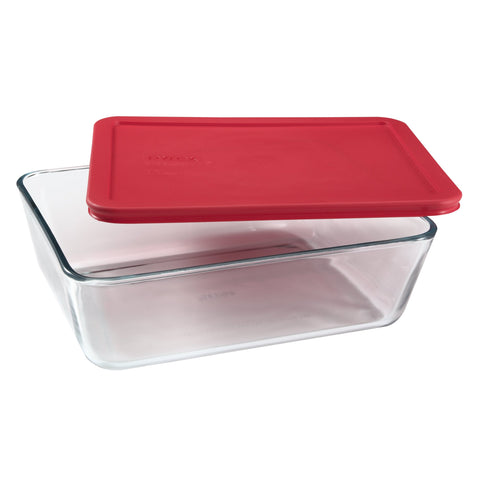 Pyrex Simply Store 11-Cup rectangular dish top view highlights durable glass for easy meal prep.