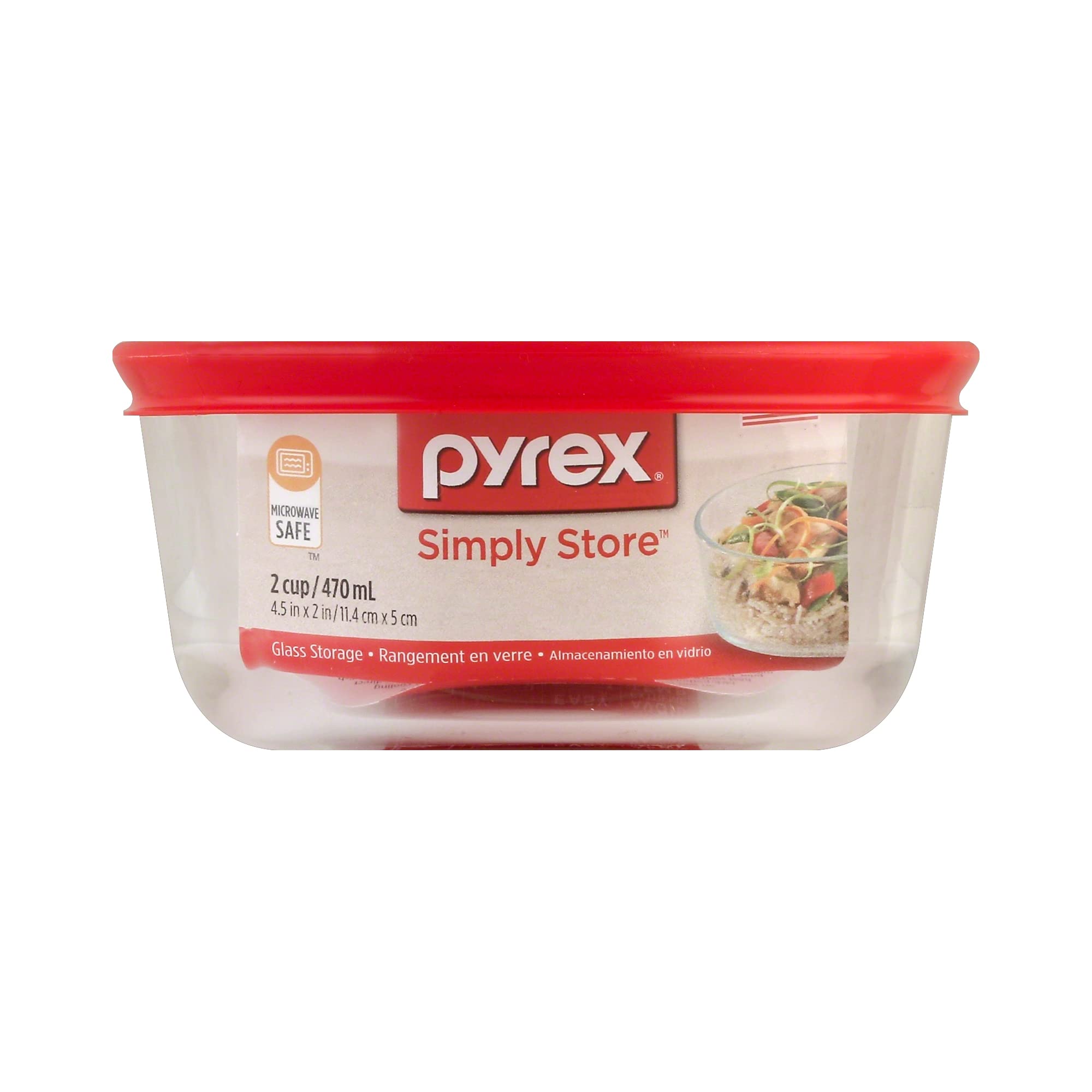 Pyrex Simply Store glass container safe for microwave reheating.