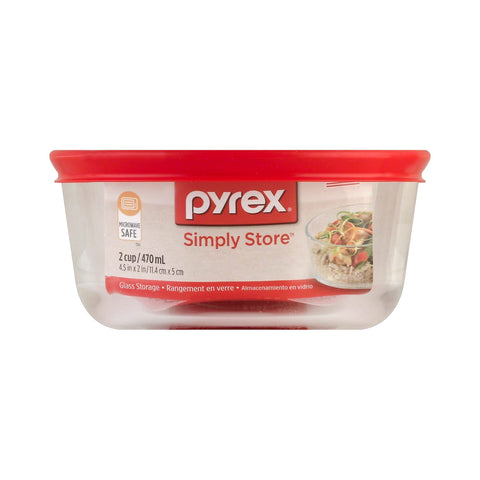 Pyrex Simply Store glass container safe for microwave reheating.