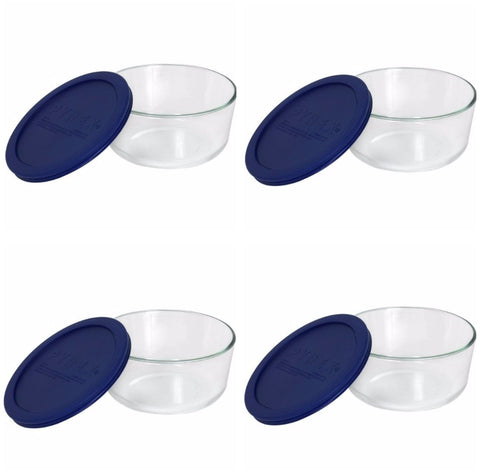 Pyrex 4-cup round container set, clear glass for oven, fridge, and freezer use.