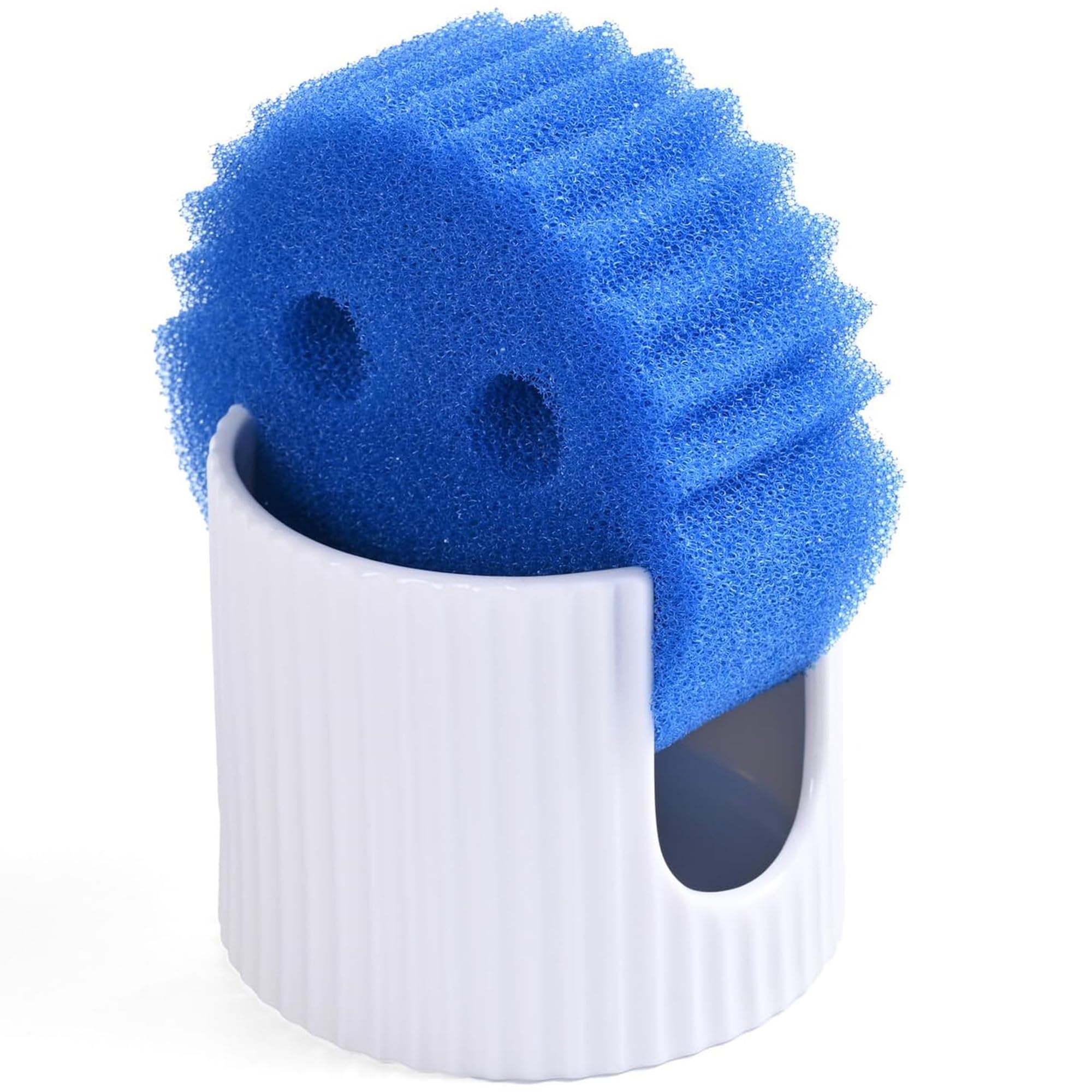 Pyrilo ceramic sponge holder, full view, white glaze, clean minimalist countertop organizer.