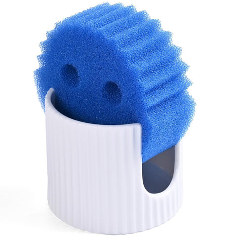 Pyrilo ceramic sponge holder, full view, white glaze, clean minimalist countertop organizer.