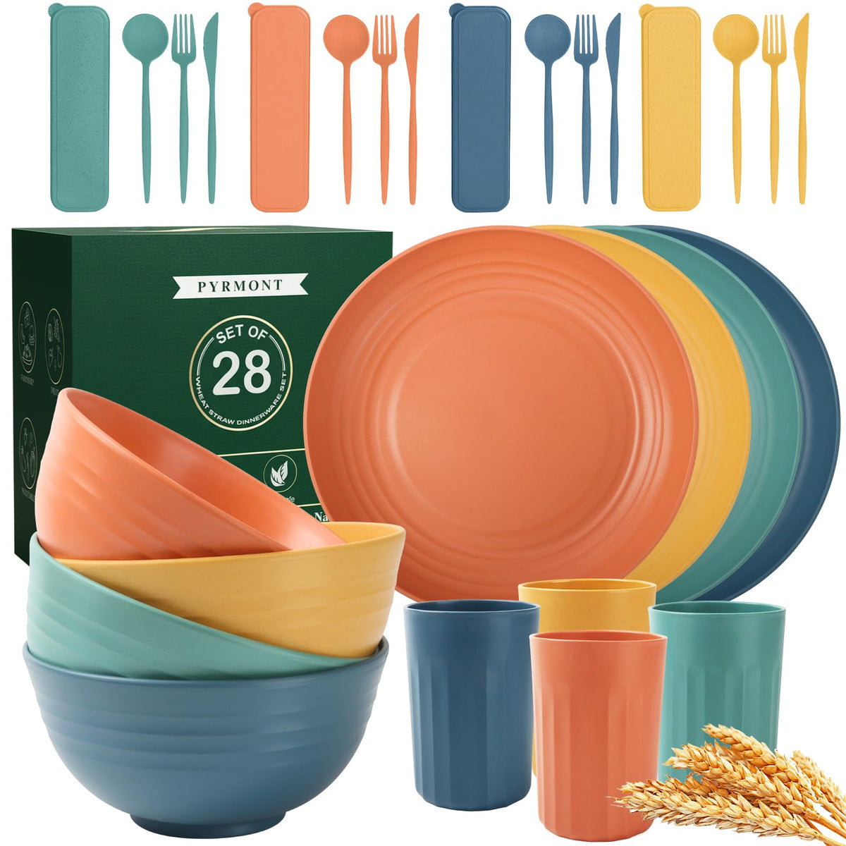 PYRMONT wheat straw plates in vibrant colors for durable everyday meals.
