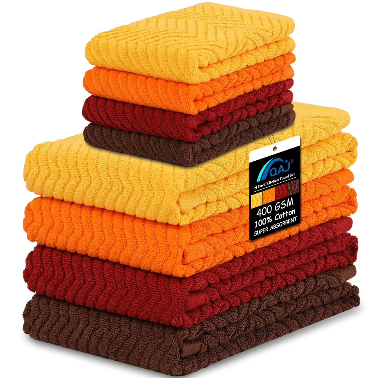 QAJ 100% cotton kitchen towels in 16x25 inches for versatile, high-absorption drying.