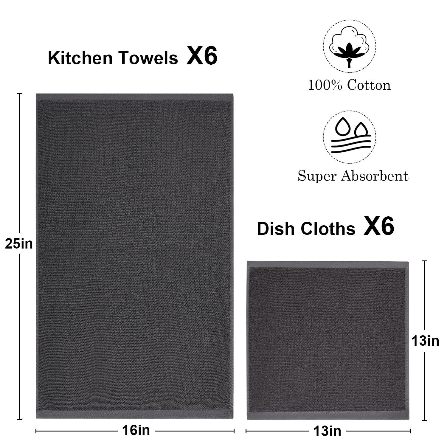 QAJ 12-pack dishcloths in 13x13 cotton for quick cleanup with absorbent performance.