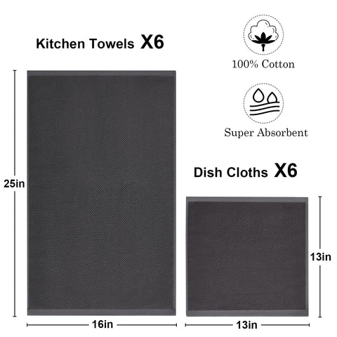 QAJ 12-pack dishcloths in 13x13 cotton for quick cleanup with absorbent performance.