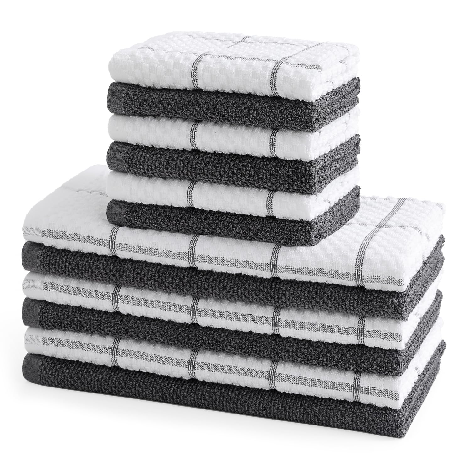 QAJ 12-pack kitchen towels in ultra-soft cotton for daily drying and spills.