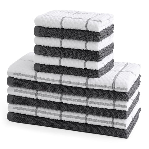 QAJ 12-pack kitchen towels in ultra-soft cotton for daily drying and spills.