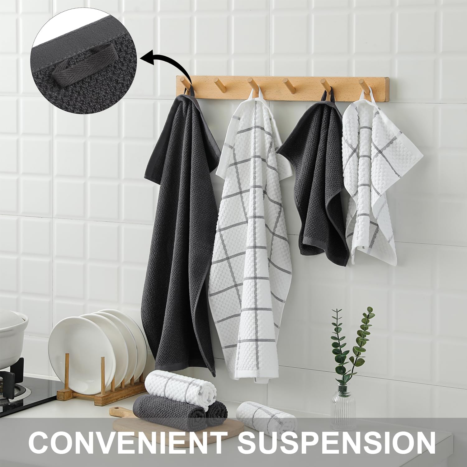 QAJ dishcloths with hanging rings simplify drying and countertop cleaning.