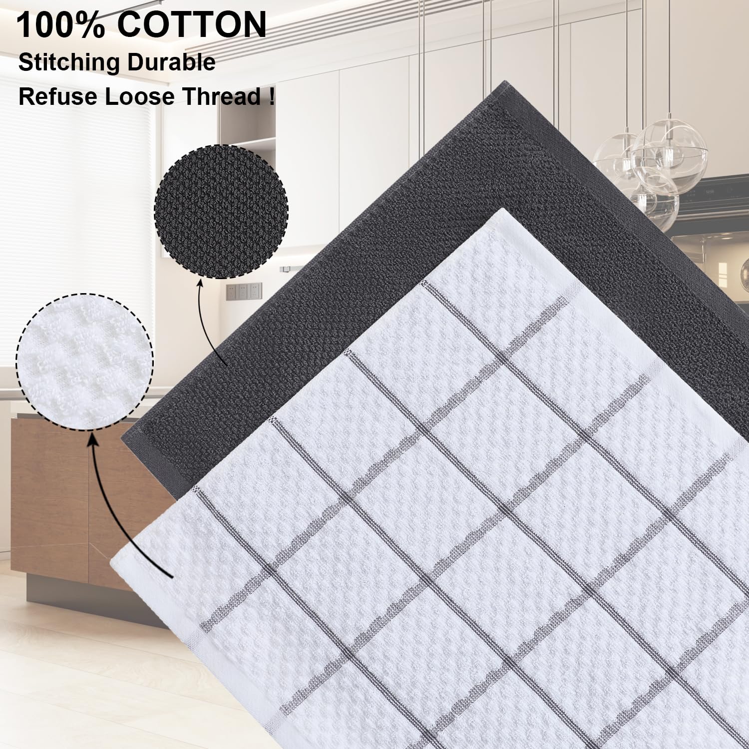 QAJ kitchen towels feature hanging rings for easy storage and fast access.